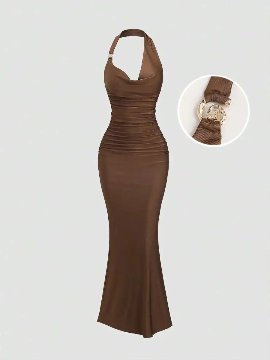 

Brown Halter Neck Ruched Bodycon Maxi Dress with Gold Tone Clasp
