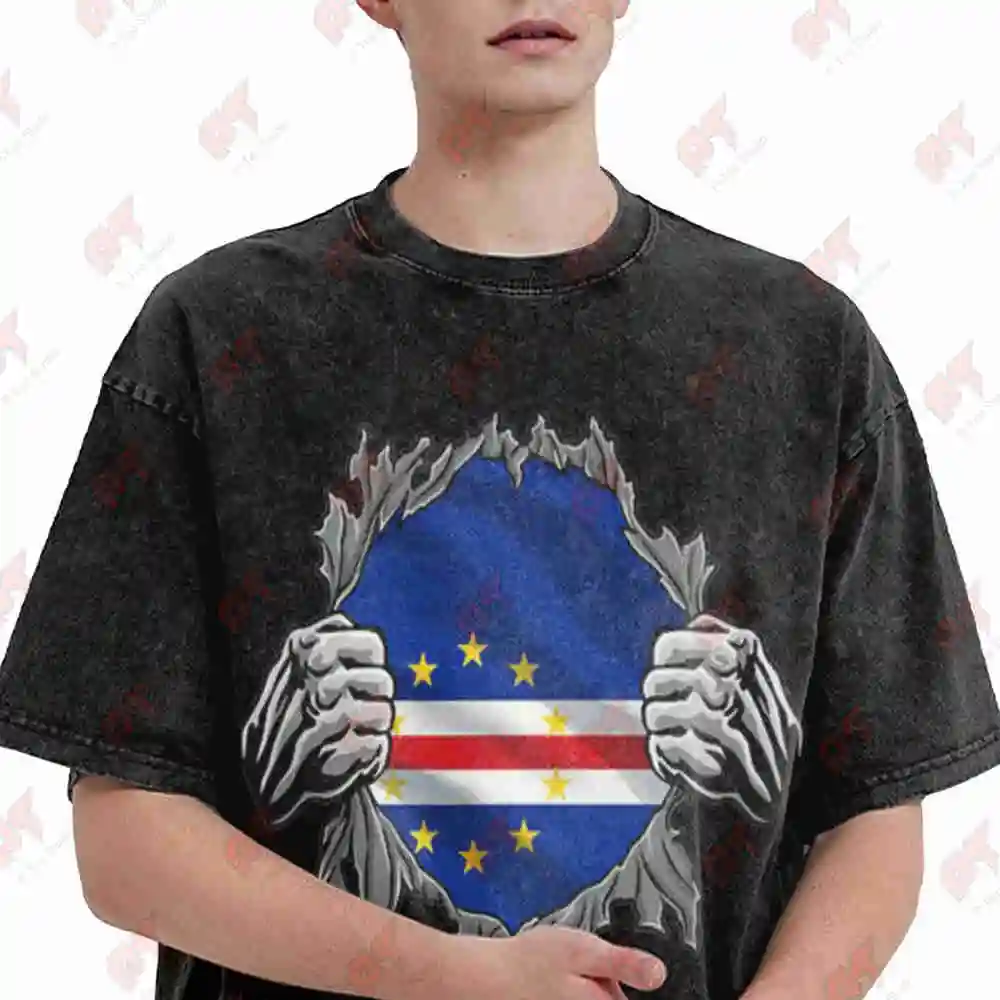 Cape Verde Flag Super Capert Heritage Cabo Verde Roots Vintage Washed Tee Pure Cotton T-Shirt