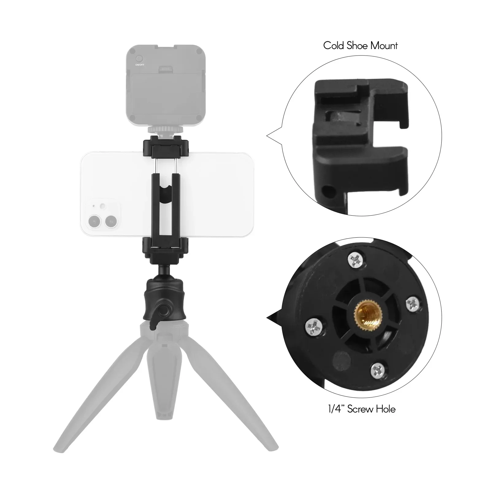 

FF-HT168 Ballhead Tripod Ball Head 1/4" Screw Phone Holder 2-in-1 Cold Shoe Mount 2kg Payload for Smartphone Camera