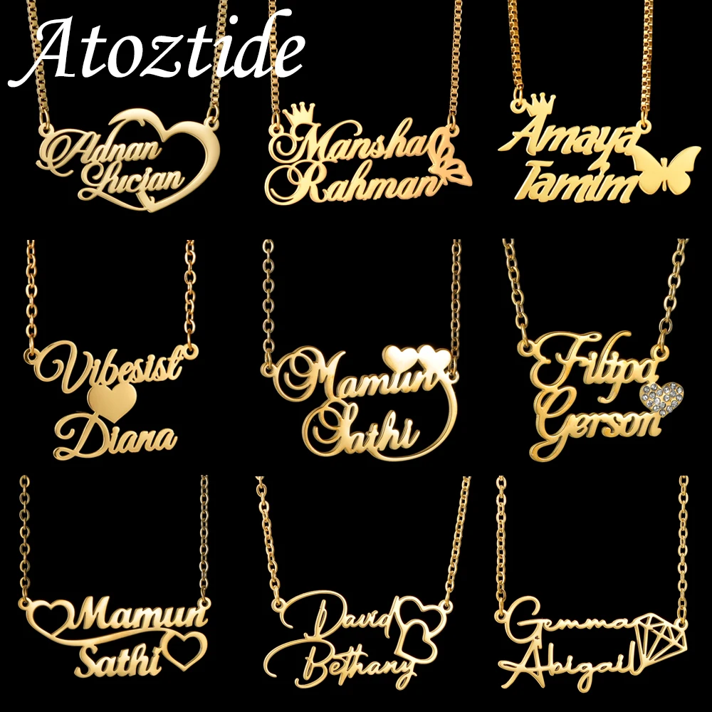 

Atoztide Custom 2 Names Necklace for Women Men Personalized Heart Butterfly Choker Chain Stainless Steel Jewelry Birthday Gift
