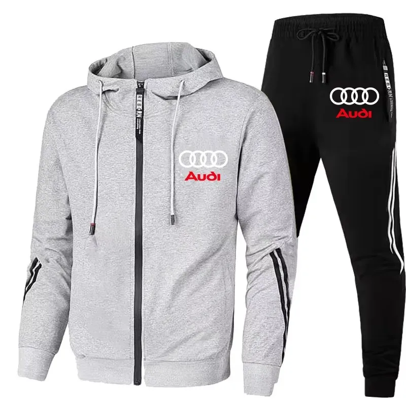 Men\'s Audi Logo Tracksuit Zip Hoodie+Pants 2 Piece Set Casual Fitness Running Sportswear Suit Autumn Winter Coat Hoodie Suit