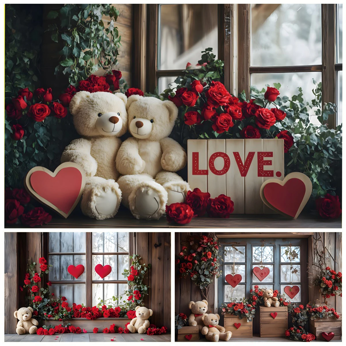 

Valentine's Day Photography Backdrop Romantic Red Roses Bears Love Heart Wooden Door Window Wedding Party Photo Background Decor