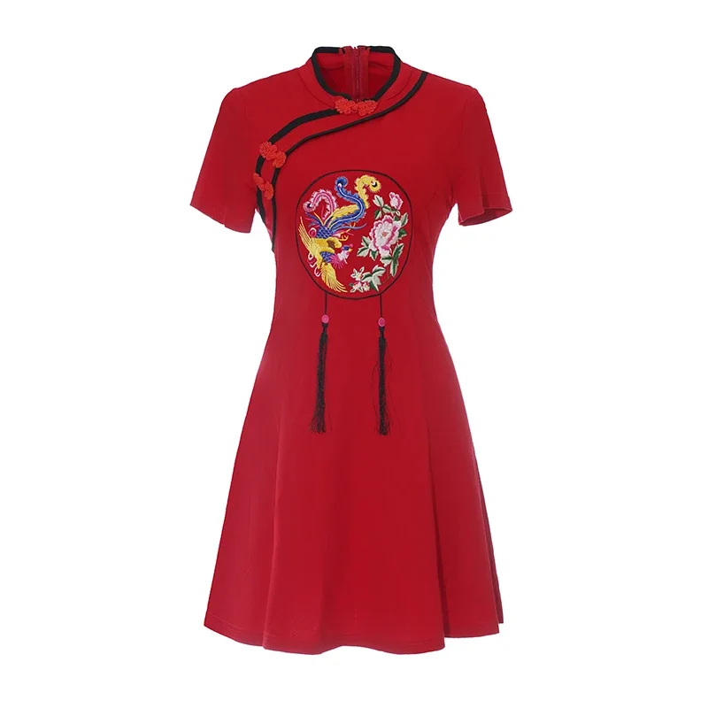 

Embroidered Cheongsam Chinese New Year Vintage Red Qipao Party Dress Summer Women's Short Sleeves asian dress