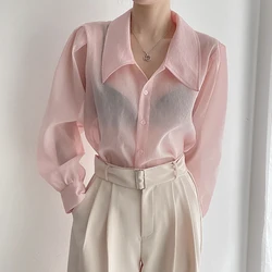 Clothland Women Sweet Transparent Organza Blouse Long Sleeve Pink Black Shorts Female Chic Casual Tops Blusa LA448