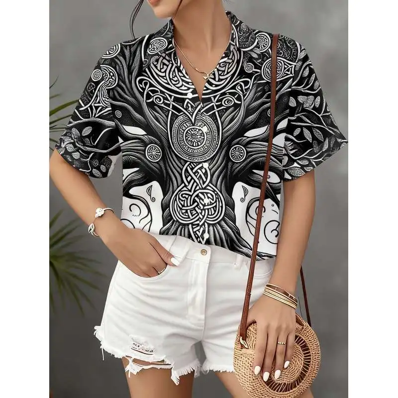 New Women's Short Sleeve Celtic Tree of Life Shirt Intricate Roots Branches Totem Pattern Commuter Casual Button Up Printed Top