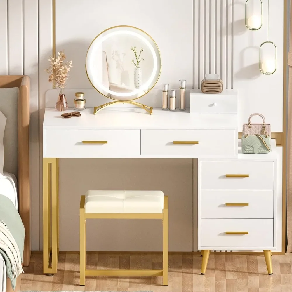 

Vanity Desk with Mirror and Lights, Modern Makeup Vanity Table Set with 6 Storage Drawers and Cushioned Stool for Bedroom