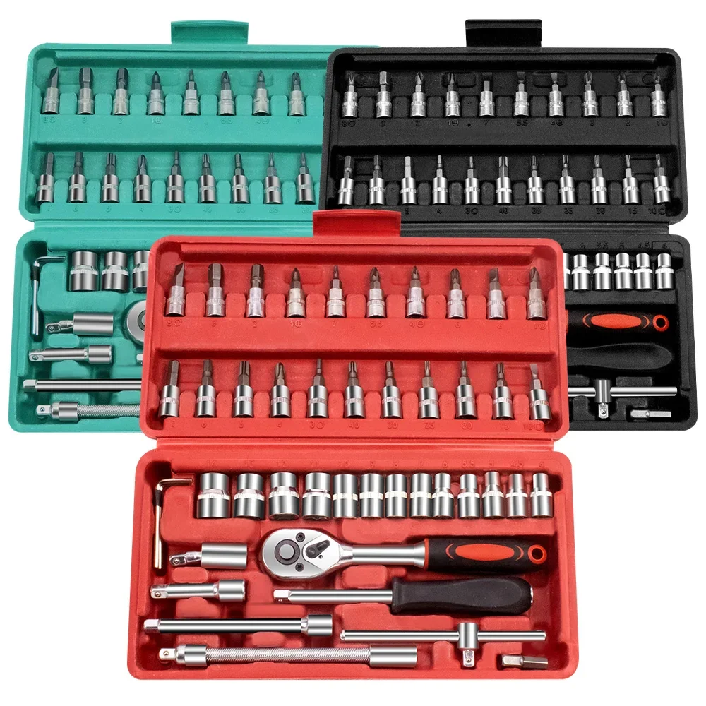 Kits de herramientas de reparación de automóviles, llave dinamométrica de trinquete combinada, metalurgia, juego de llaves de tubo de 1/4 pulgadas, herramientas mecánicas de reparación de automóviles, 46 Uds.