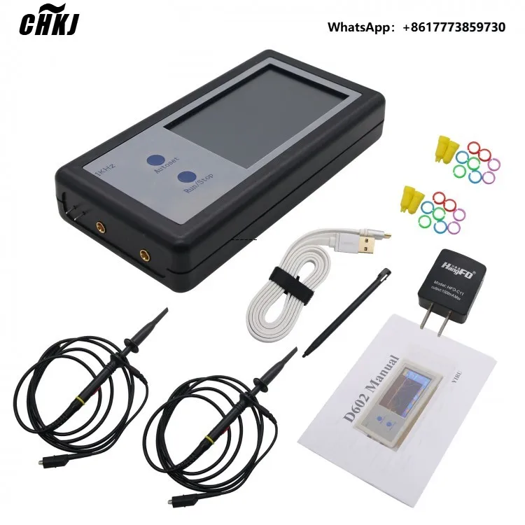 

CHKJ 200KHz Digital Oscilloscope 2 Channel Mini Portable Oscilloscope Pocket Sized Touch Panel LCD D602