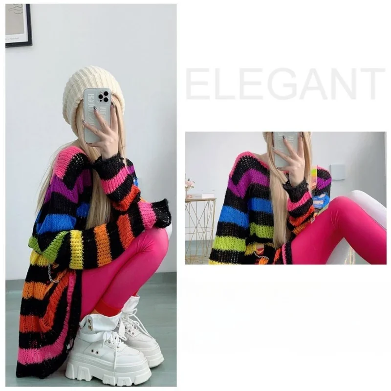 New Women Sweater Gothic Punk Striped Knitted Sweater Jumper Loose Hollow Out Female Long Pullover Mujer Harajuku Streetwear