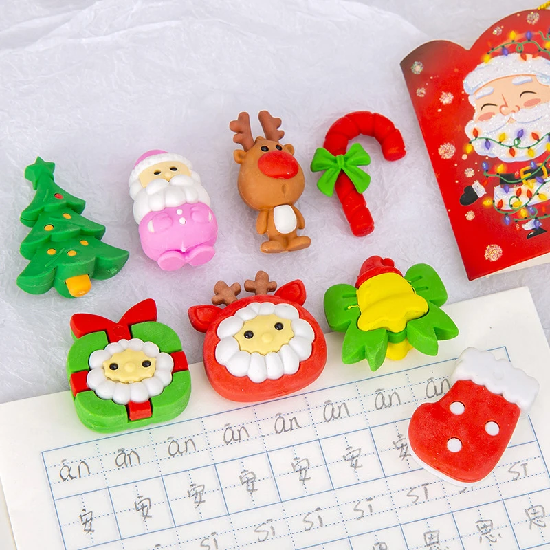 4Pcs/set Cute Cartoon Santa Claus Reindeer Erasers Kawaii Aesthetic Stationery Kids Eraser Set Student Reward Christmas Gifts