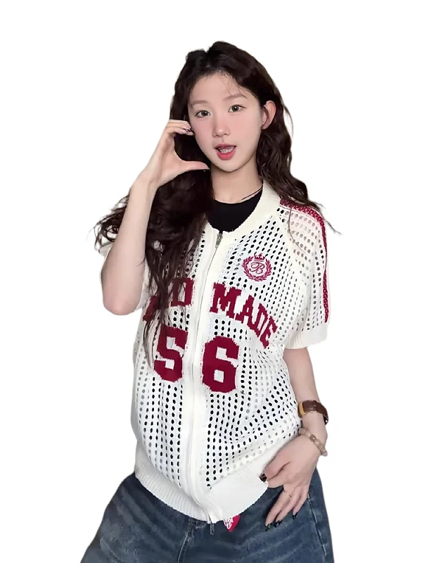 

American Retro Baseball Jersey Sle Letter Print Hollow Knitted ort Sve T-irt Women Summer Loose Slimming Large Size Top