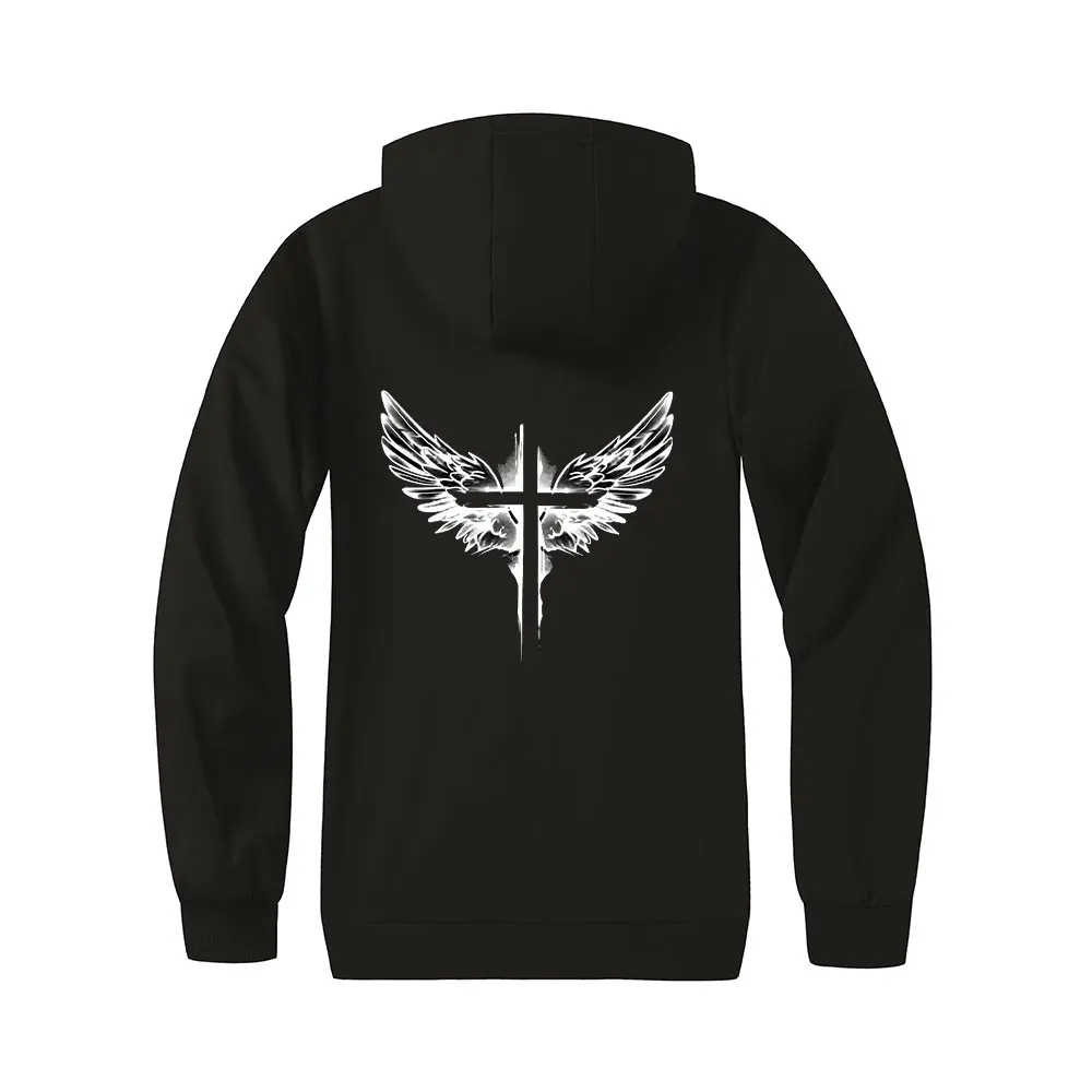 เสื้อแจ็คเก็ตมีฮู้ดผ้าขนแกะสำหรับผู้ชาย พิมพ์ลายปีกกางเขน ซิปแบบคาร์ดิแกน มีกระเป๋าหน้าแบบหนา เสื้อแจ็คเก็ตอุ่นๆ สำหรับใส่เป็นเสื้อนอก