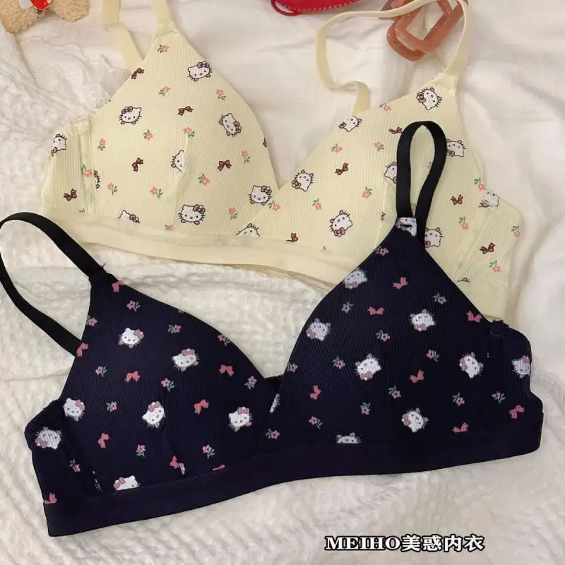 Hello Kitty Bra Kawaii Sanrio Underwear Set Anime Print Small Size Breathable Without Wires Cartoon Cute Girl Swimsuit Bra Set