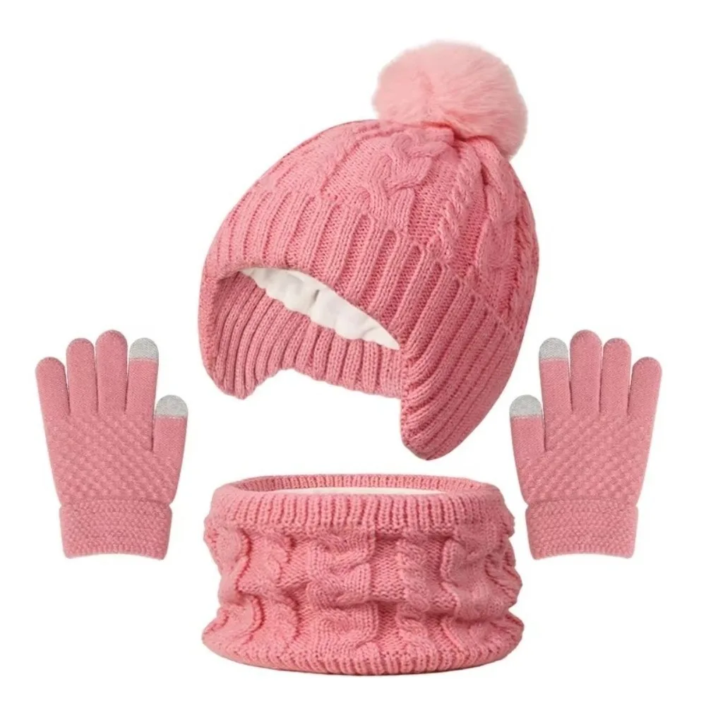 

Solid Color Baby Hat Scarf Gloves Set Warm Ears Thickened Toddler Knitted Hats Cute Pompom with Velvet Hat Set Daily