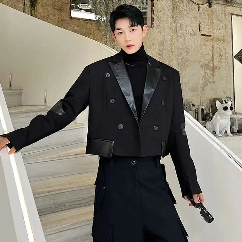 LUZHEN 2025 Trendy Spring Pu Leather Spliced Color Contrast Original Short Jacket Men's Fashion Elegant High Street Coat LZ2350