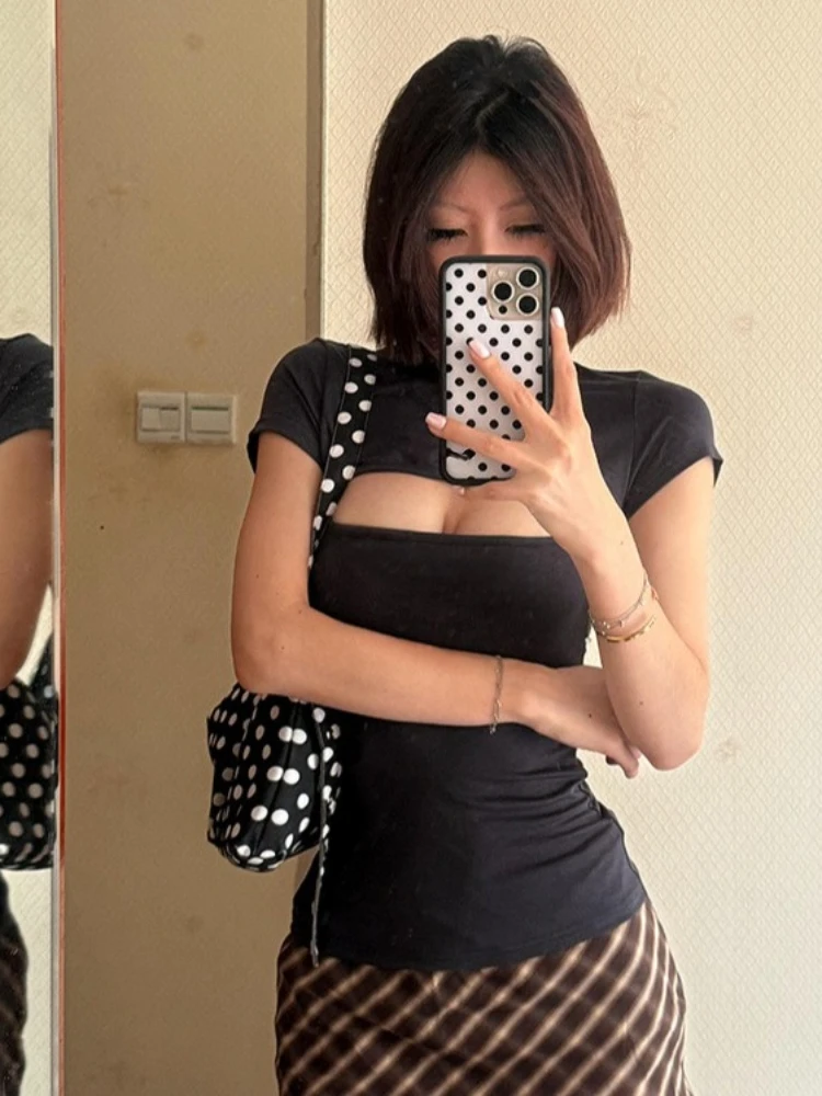 2026 Women Streetwear Sexy Hollow Out Tshirts Harajuku Vintage Solid Slim Fit Tees Two Side Wear Y2k Aesthetic Grunge T-shirt