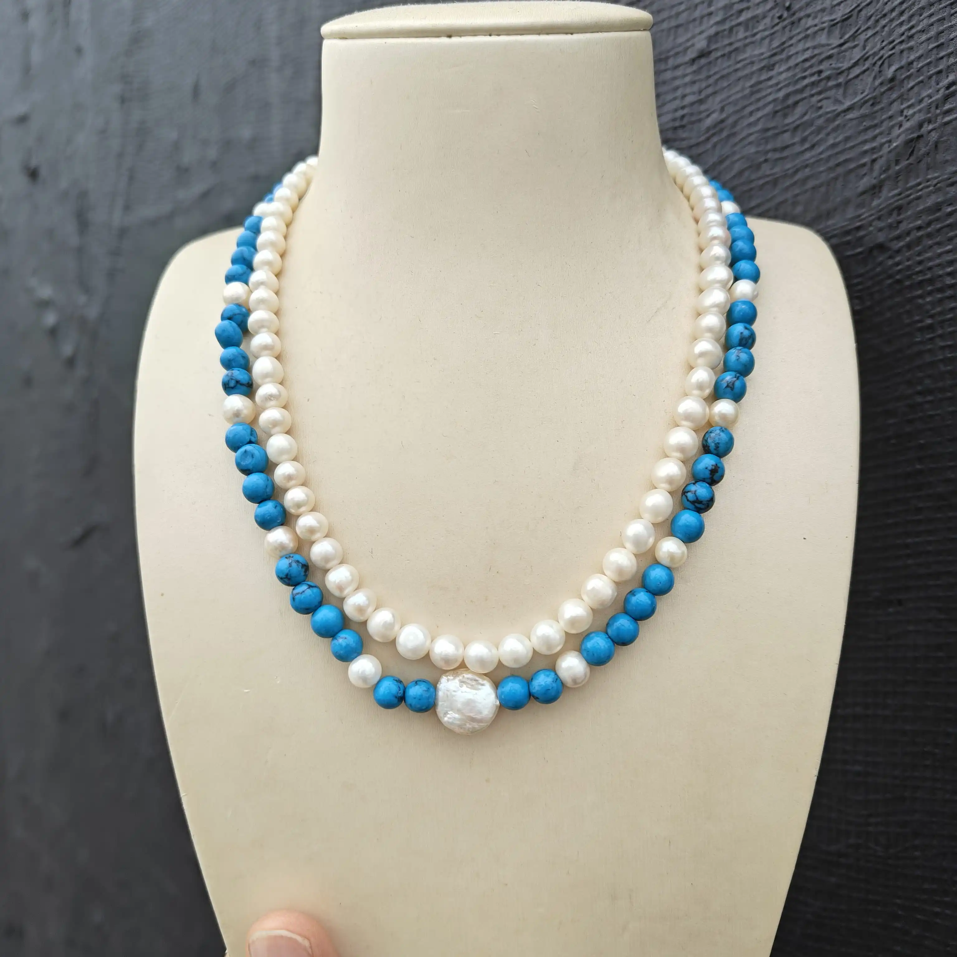 Apply Any Occasion 2row 6-7mm AAA+ Akoya White Pearl + turquoise Necklace (include clasp)