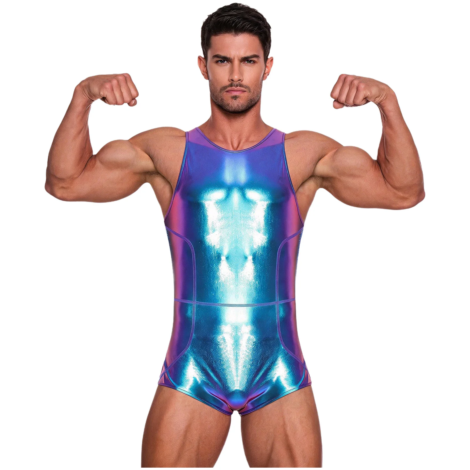 Men T-Shirt Sleeveles Metallic Shiny Swimwear Swimsuit Pu Leather Tank Tops Outwear Training Vest Slim Sportswear Base Nightclub