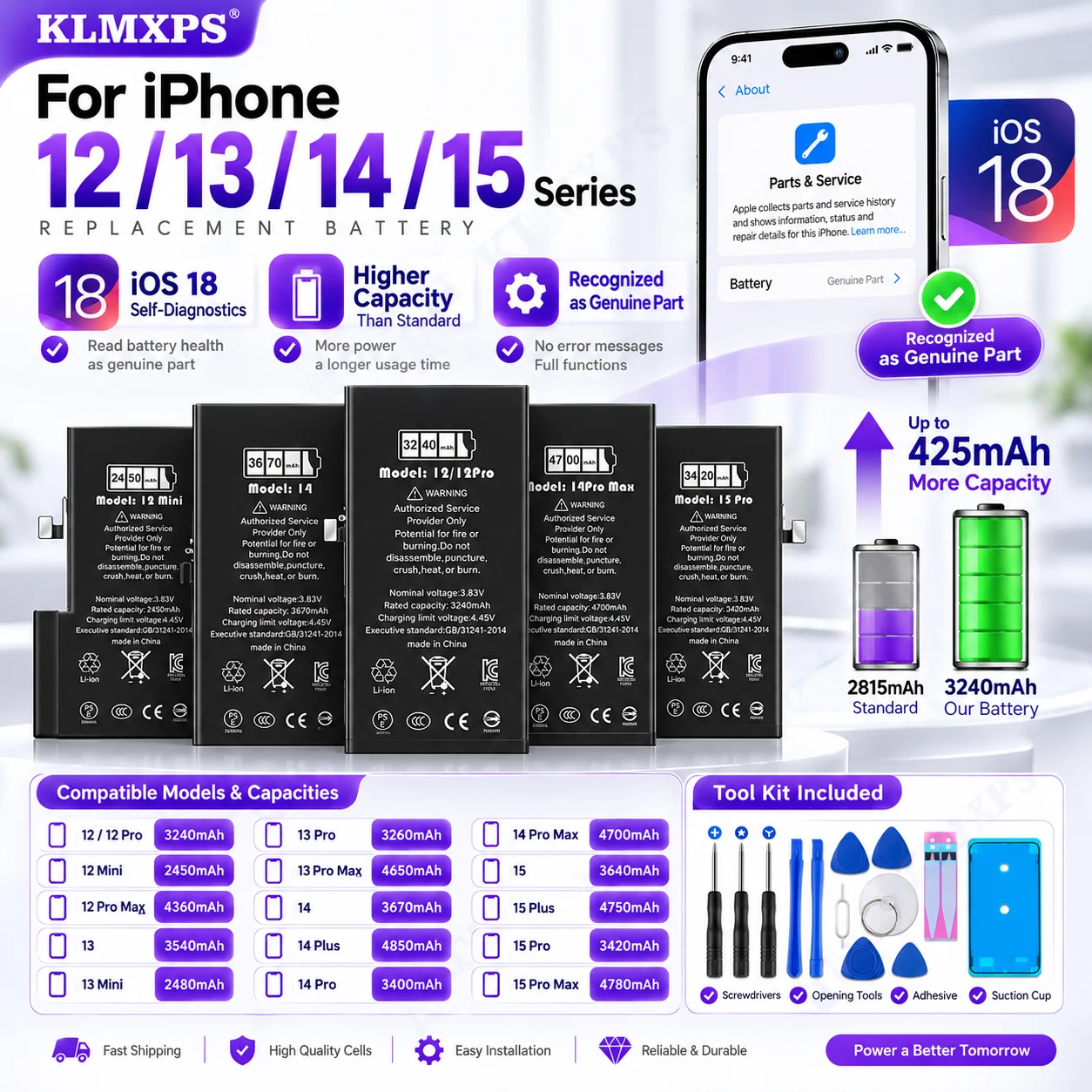 Upgraded Capacity Battery for iPhone 12 13 14 15 Series, iOS 18 Self Diagnostic Recognition, Repair Replacement