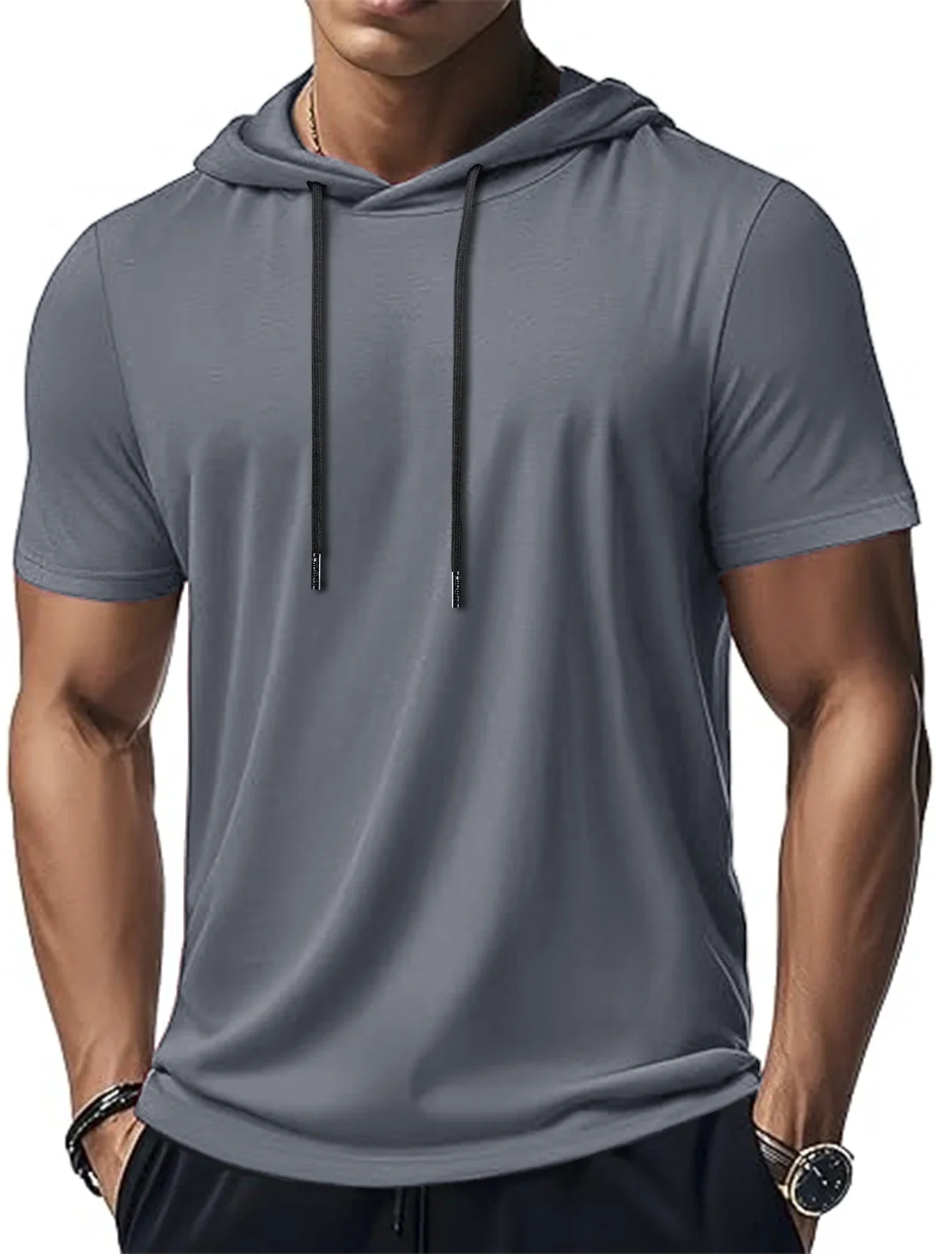 Men's Trendy And Fashionable Thin Style Breathable Loose Outdoor Running Casual Top Sports Short Sleeved T-shirt Hooded Style image 2