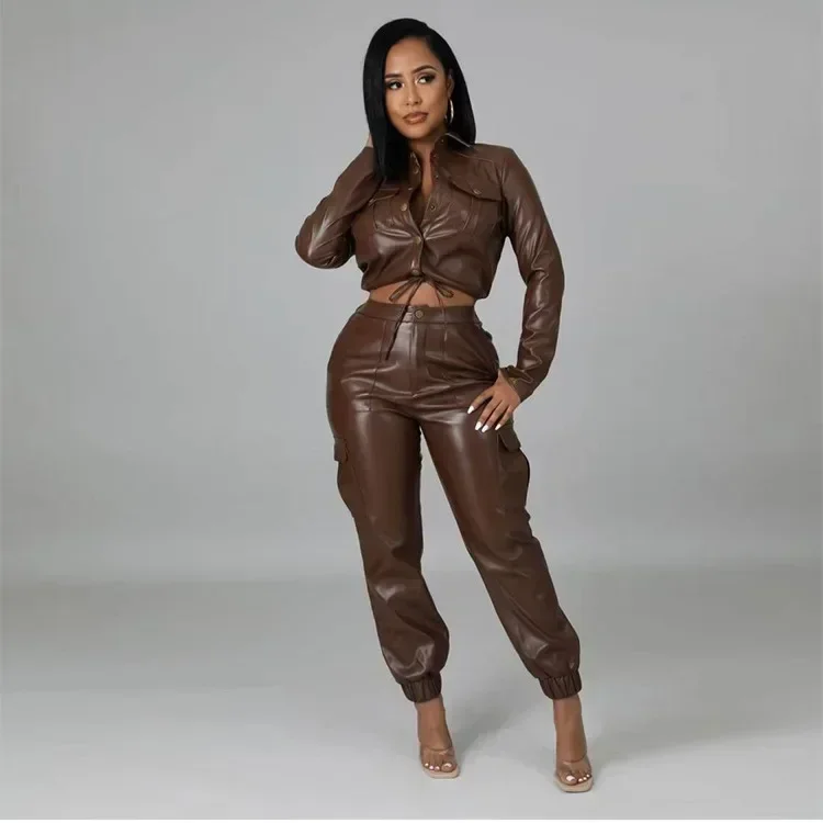 Women Two Piece Set PU Leather Pants Sets Long Sleeve Jacket Work Zipper Coat Pencil Pants Mom Matching Sets Streetwear