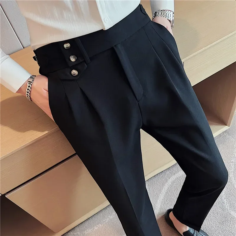 2026 Spring Autumn Men High Waist Dress Pants Slim Fit Business Suit Trousers with Belt Formal Office Wedding Party view 3