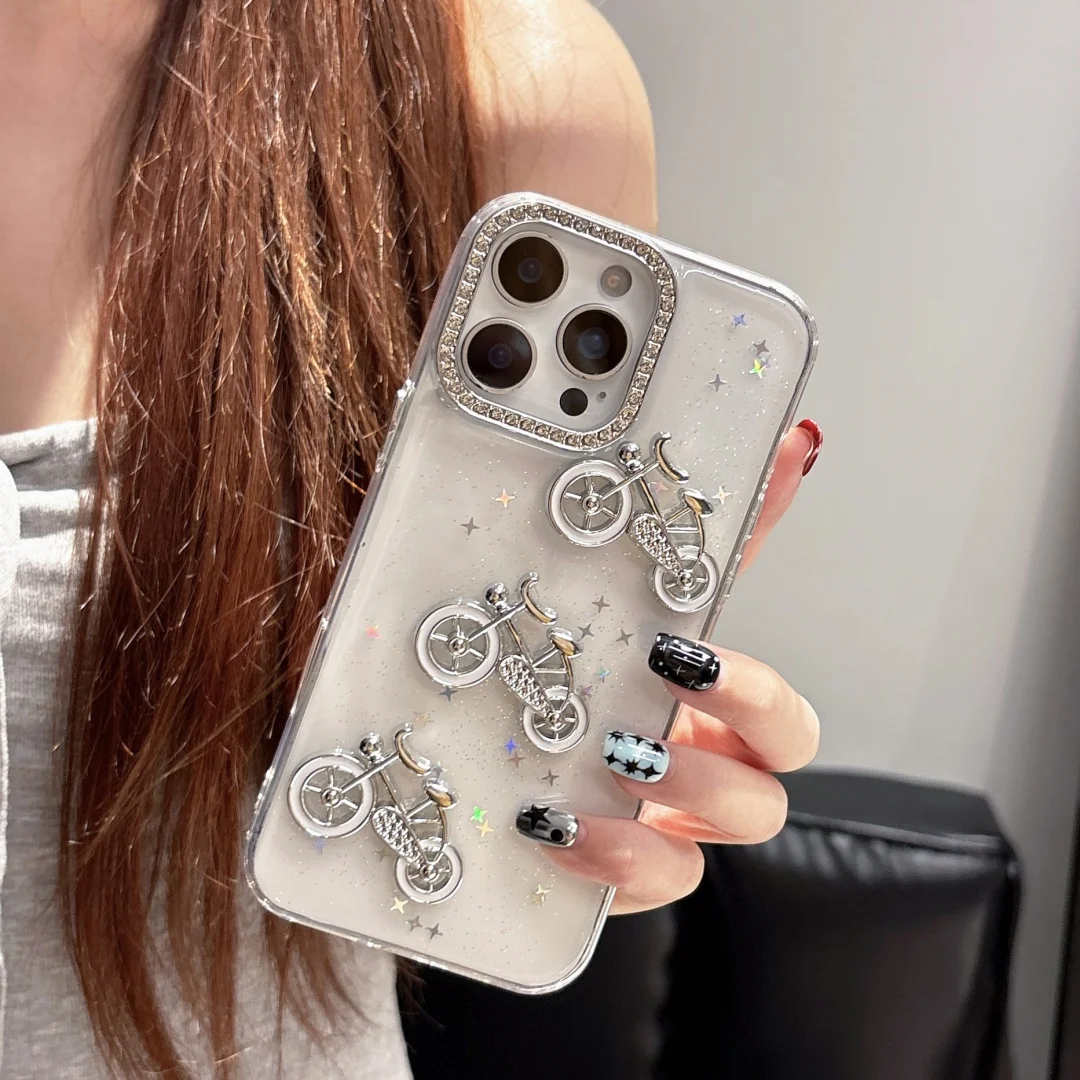 

Y2K Punk bicycle anime Rhinestone Camera Phone Case For iPhone 17 16 15 14 13 12 11 Pro Max Plus Air Luxury laser glitter Cover