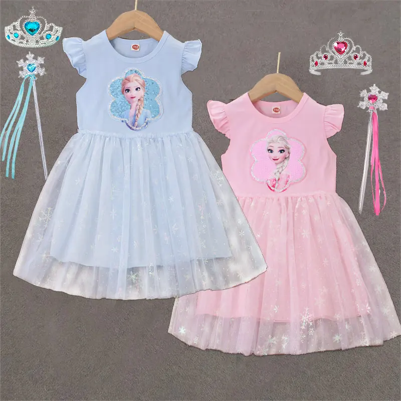 

Lovely Toddler Elsa Cartoon Dress Summer Casual Frock Disneyland Trip Outfit Sequined Robe Girls Cute Frozen Princess Elsa Gown