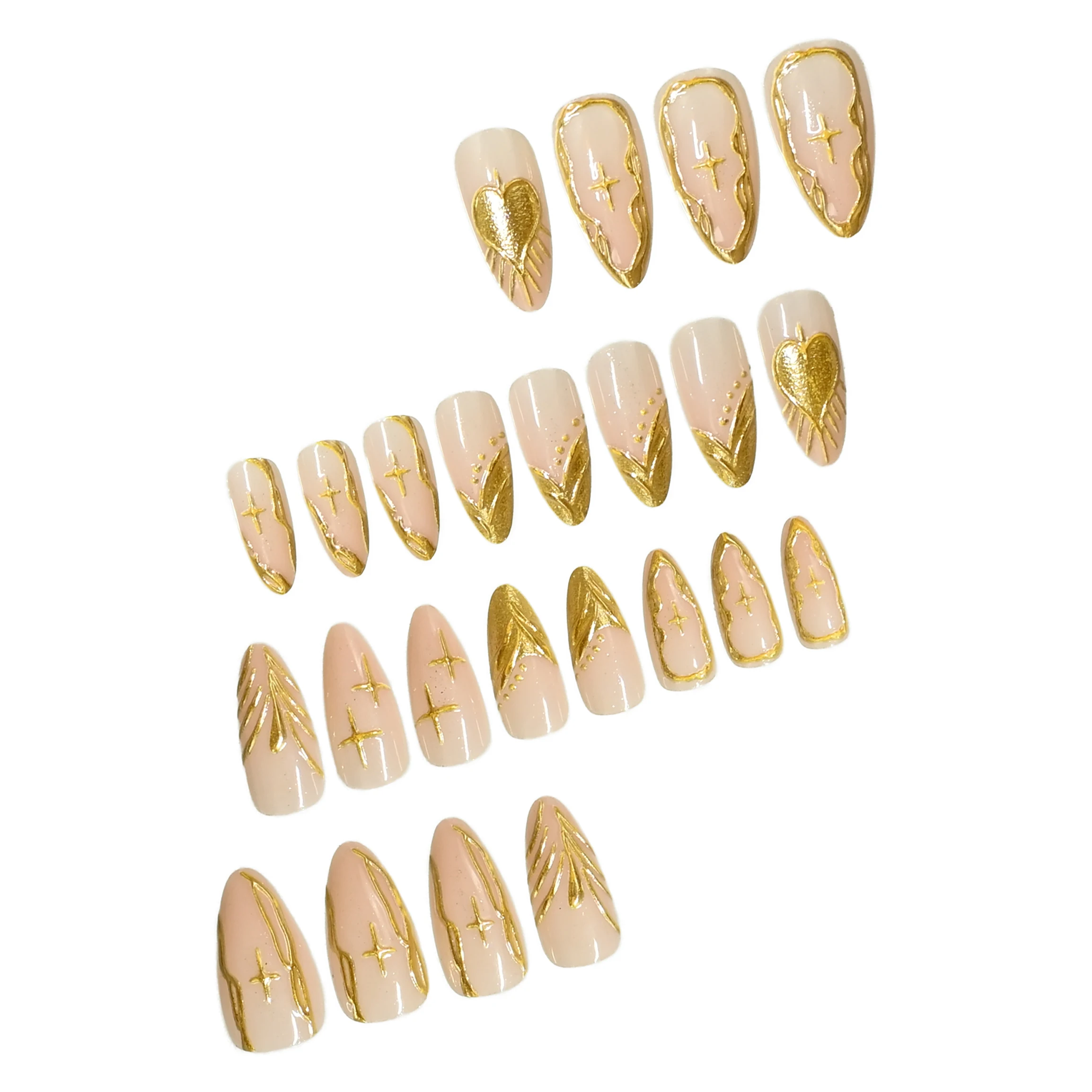 Full set of 24‑piece medium almond fake nails‑nude pink sheer base with metallic gold embossed heart cross line art pattern, got