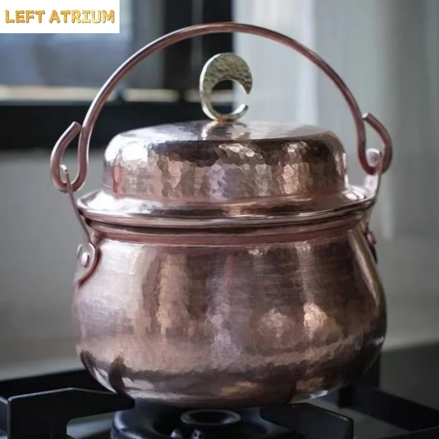 Handcrafted Vintage Copper Pot,Portable Camping Pot With lid Cooking Utensil Simmering Food Stewing,15 cm Hammer Texture Pot