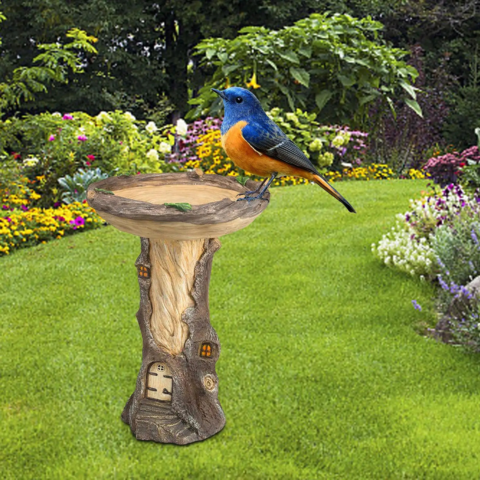 Garden Bird Bath Bowl Outdoor Resin Feeder Tree House Statue