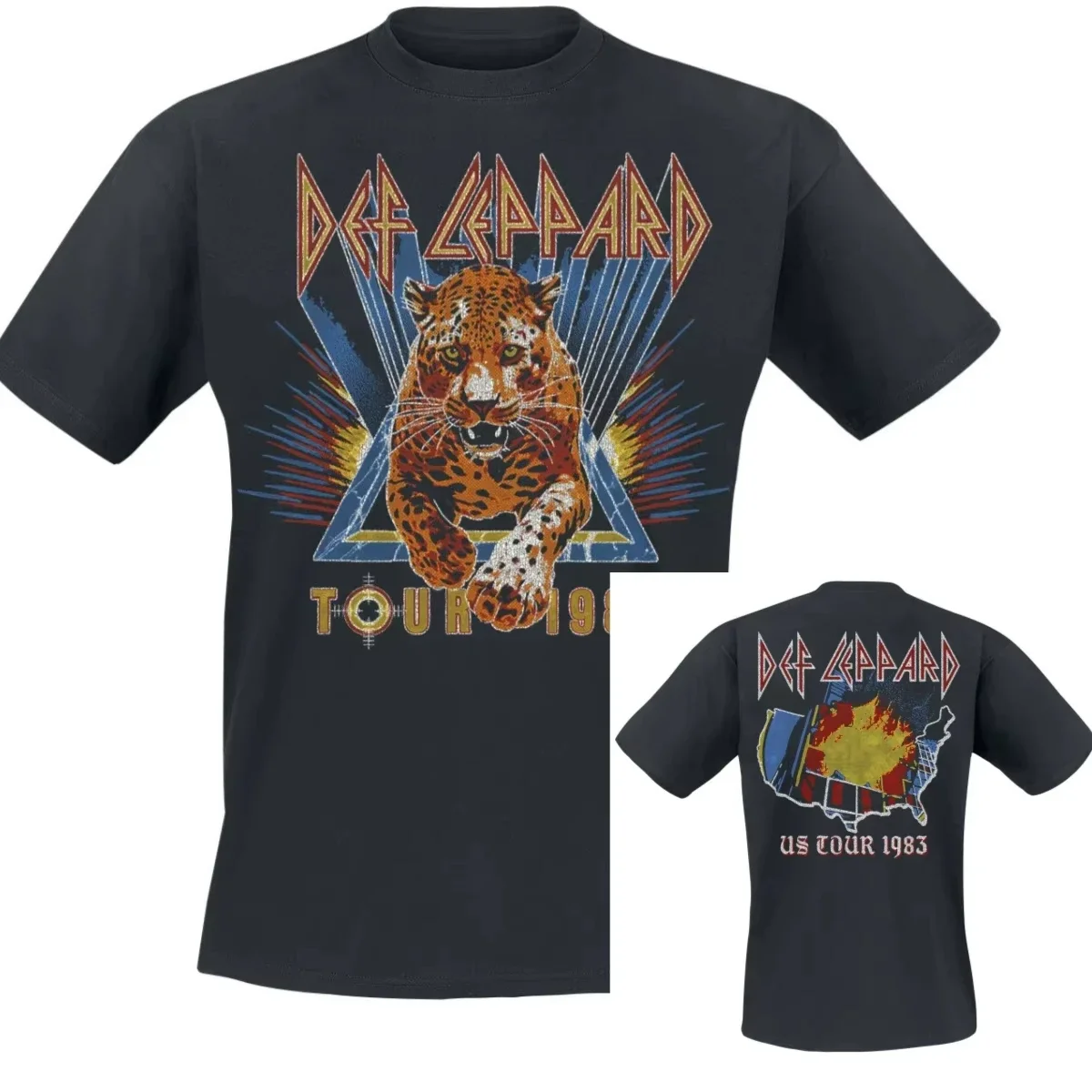 Camiseta con logotipo triangular y estampado de leopardo para hombre y mujer, camiseta gráfica de algodón con diseño de la banda Def Leppard, Tour por EE. UU., verano, ropa de calle, 1983