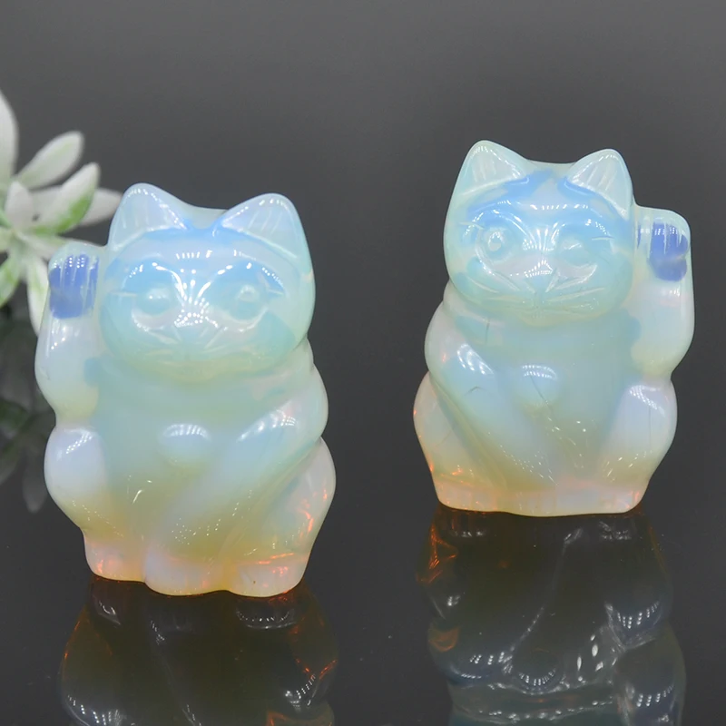 

2" Plutus Cat Statue Opalite Natural Stone Carved Healing Crystals Lucky Fortune Reiki Gemstone Figurine Office Decoration Gifts