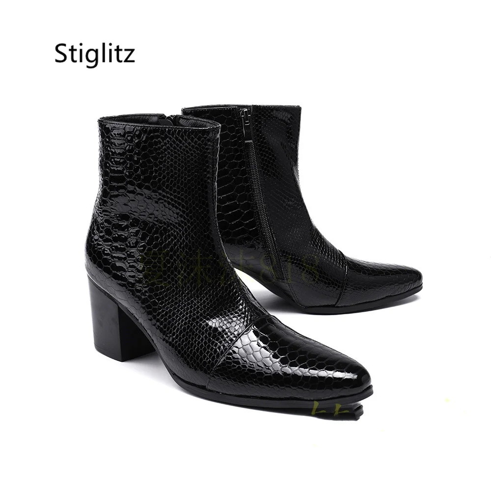 

Black Red Genuine Leather Men's Boots 8Cm High Heels Retro Snake Pattern Pointed Toe Fashion Ankle Boots Zip Work Shoes Male