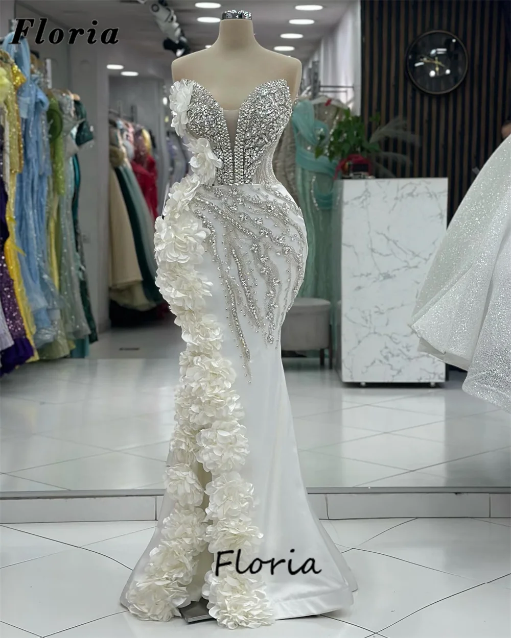 White Flowers Slit Evening Dresses Custom Made Sheer Neck Women Prom Dress Elegant 2025 African Dubai Beaded Wedding Party Gowns