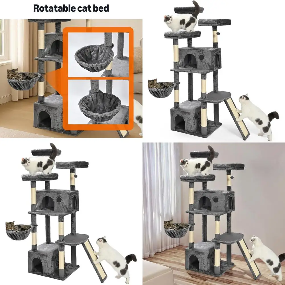 

Многоуровневая лежанка-башня для кошек 68 Premium с 2 домиками, сизалевыми когтеточками и подвесными помпонами, серая