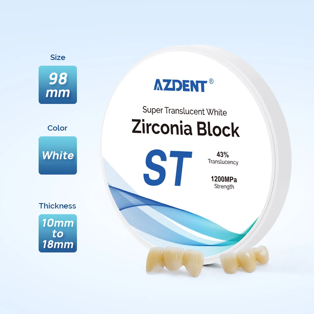 AZDENT ST White Zirconia Block Dental Lab Material 98mm Super Translucent for Lab CAD CAM Dentistry Tools Instruments 2024 New