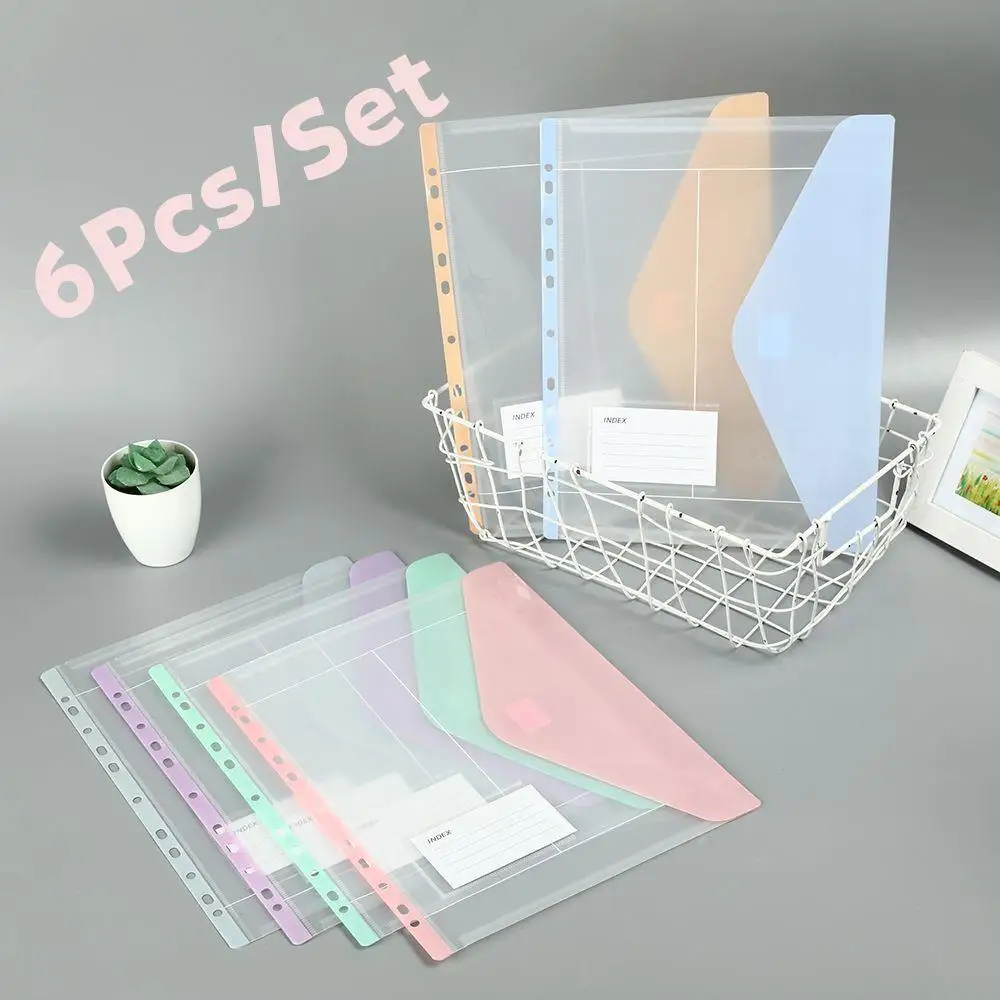 

High-Capacity Loose-Leaf File Bags With 11-Hole Binding Rings A4 Expandable Binder Pocket 6pcs Waterproof Plastic Binder Folder