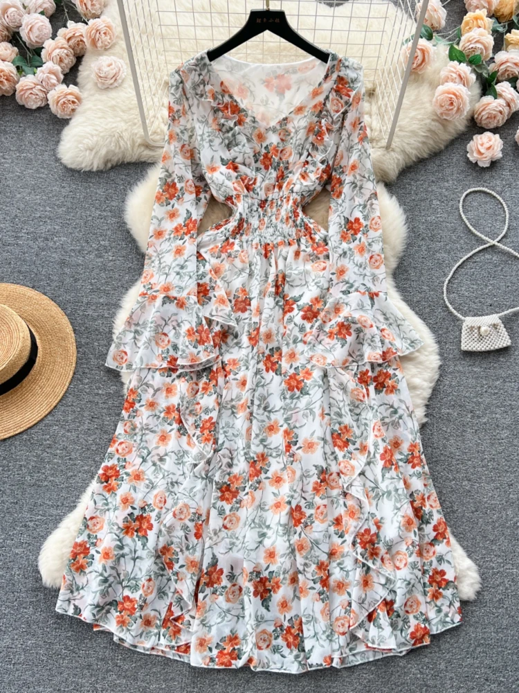 Vestido Floral de manga larga para mujer, traje de gasa con borde de loto, ajustado, para vacaciones, primavera y otoño, novedad de 2024