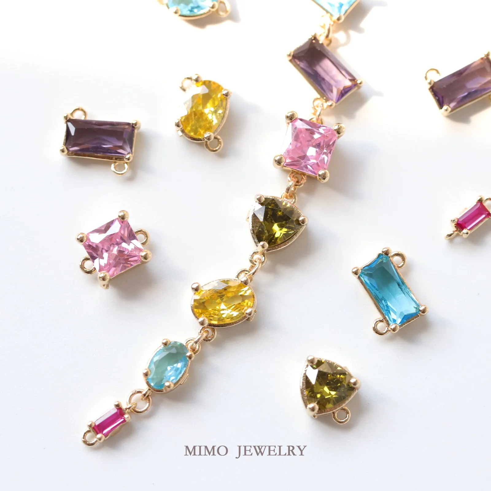 Colorful Geometric Shapes, Colored Glass Zircon Double Suspension Charms Pendant Supplies DIY Hand Brass Gold Plated Accessories