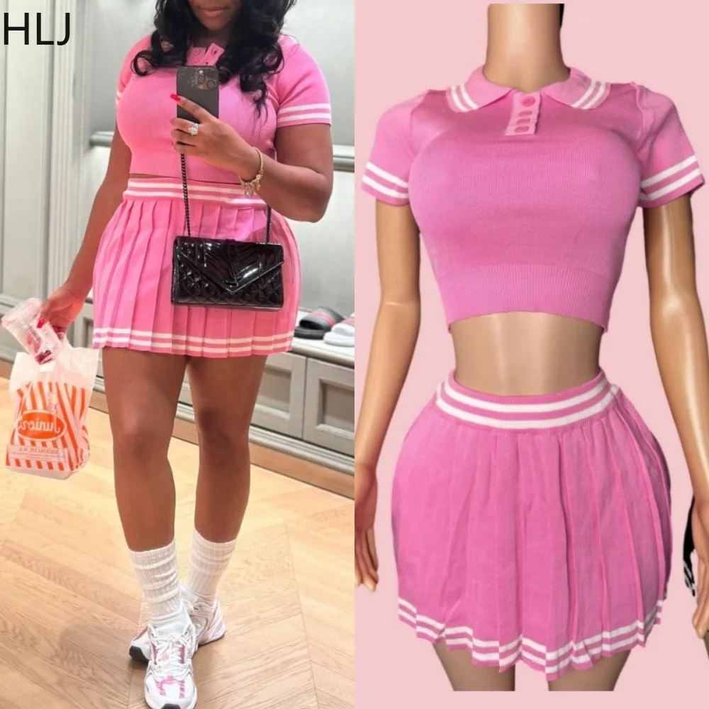 HLJ Y2K Fashion Knitting Mini Pleated Skirts Two Piece Sets Women Turndown Collar Short Sleeve Slim Crop Top And Skirts Outfits