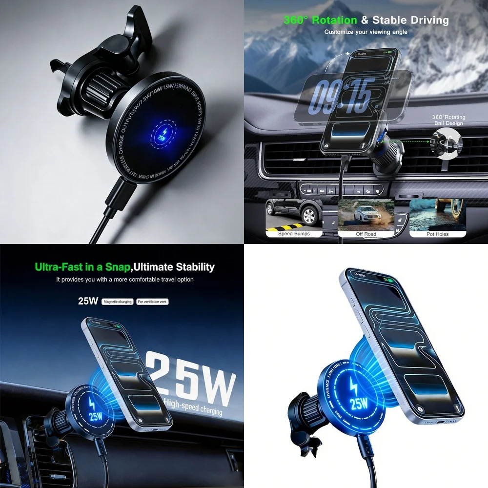 Fast Wireless Car Charger 25W Magnetic Vent Mount 360 Rotation Stable Phone Holder for iPhone 17 16 Samsung S26 S25 Galaxy Ultra