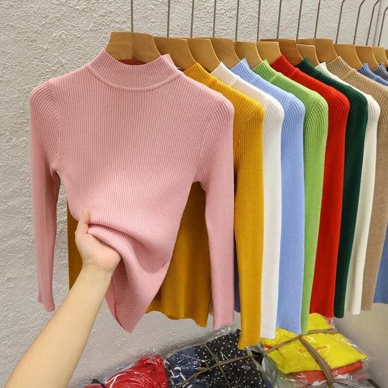 

2024 Women's Autumn Winter New Slim Fit Knitwear Tops Female Semi-turtleneck Warm Jumpers Ladies Solid Color Sweater Tops V155