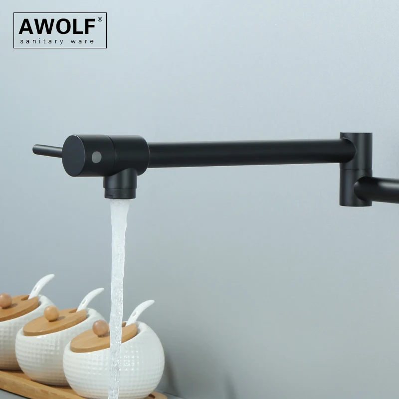 Awolf Matt Black Pot Filler Kitchen Faucet Wall Mounted Folding Faucet Tap 360 Degree Rotation Solid Brass Sink Water Tap FW008