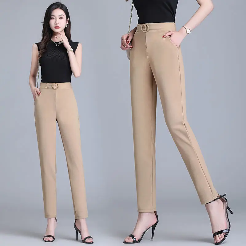 Casual White Office Lady Elegant Solid Straight Pants primavera autunno donna tasche vita alta S-4XL pantaloni a matita femminili coreani