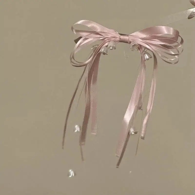 Kirschblüten-Glocken-Lilien-Haarspange mit Schleife, seitliche Haarspange im Feen-Stil für Damen, Vintage-Blumen-Haaraccessoire – Detail 4