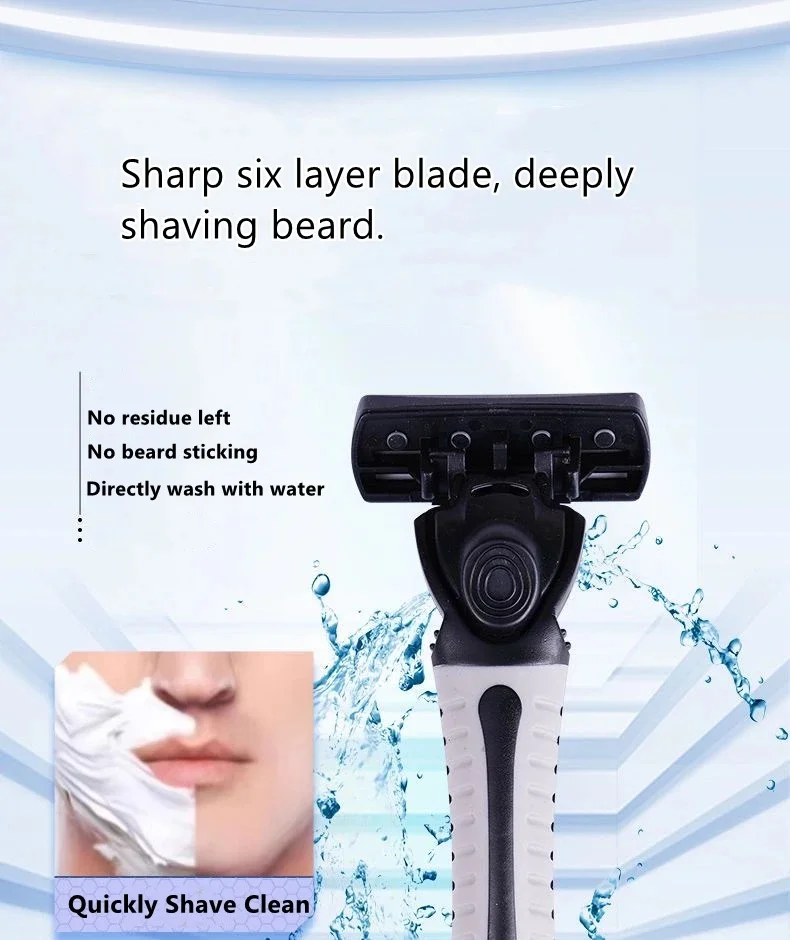 6 Layers Razor, Manual Safety Razor Men's Classic Hair Removal Shaver Replacement Head, Detachable Washable Reusable Razor