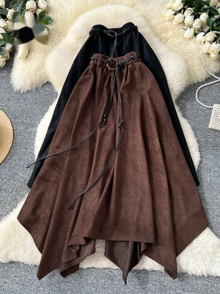 Falso camurça boêmio saia vintage outono cintura elástica faixas soltas sólidas mulheres bainha irregular moda saia longa