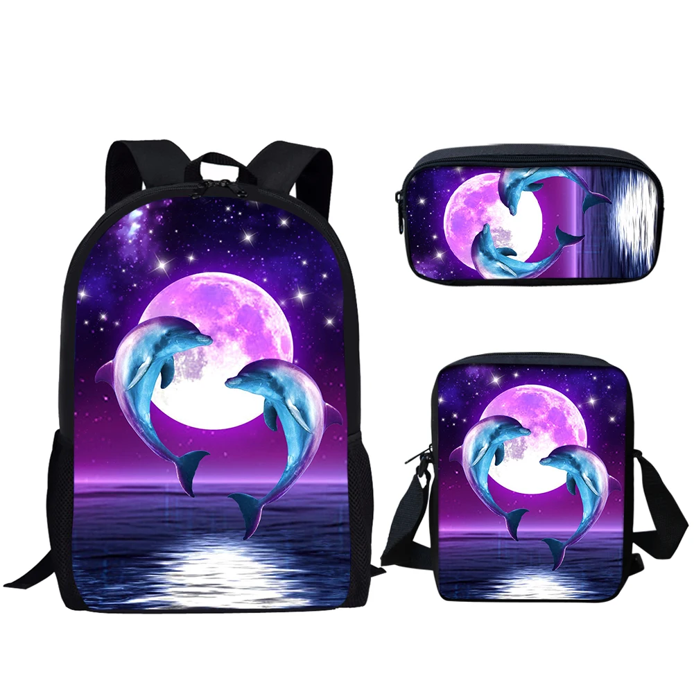 Belidome impressão 3 pçs saco de escola golfinho bookbag para meninas adolescentes mochila leve ocasional para estudante escolar escolar