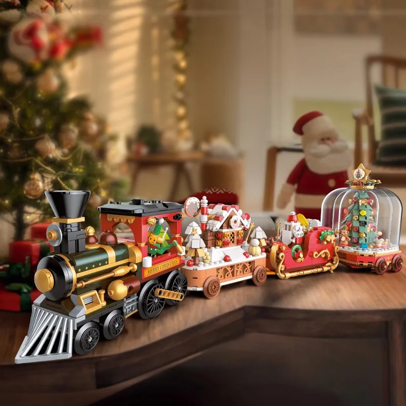 MOC 크리스마스 기차 썰매 진저브레드 하우스 블록 세트 눈차량 마을 장식 트리 장난감 어린이 휴일 크리스마스 선물
